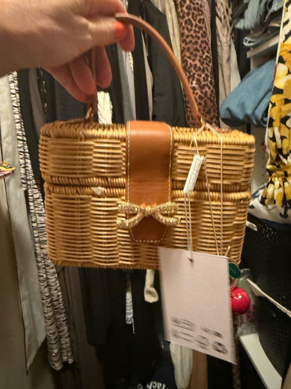 Self-Portrait Tan Rattan Top-Handle Bag with Red Cherry Charm - Picture 7 of 10